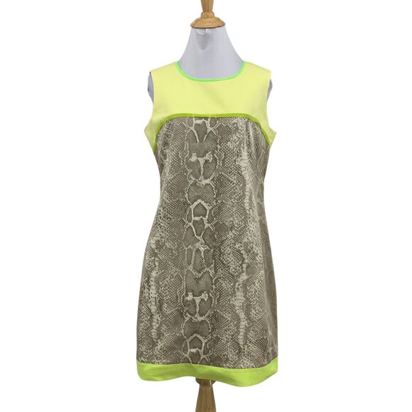 T Tahari Dress Womens 8 Yellow Snakeskin Contrast Back Zip Sheath Lined Mini - Picture 1 of 15